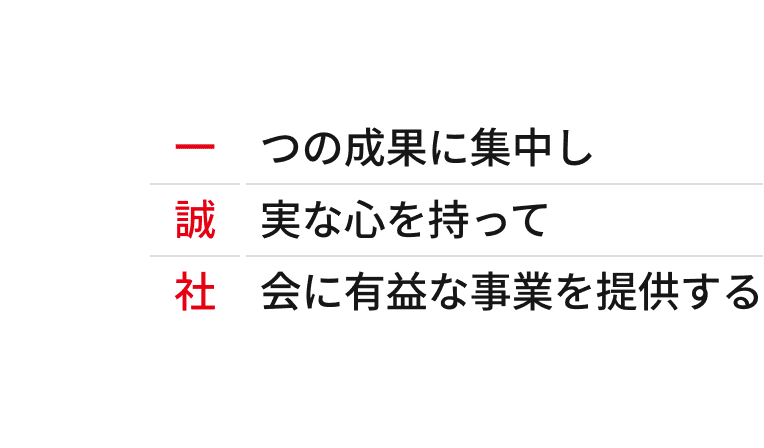 一つの成果に集中し誠実な心を持って社会に有益な事業を提供する